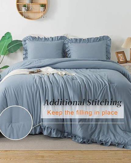 Andency Grayish Blue Twin Size Comforter(66x90Inch), 2 Pieces(1 Ruffle Comforter and 1 Pillowcase) Solid Farmhouse Shabby Chic Comforter, Lightweight and Soft Microfiber Bedding Set for All Season - LeafyLoom