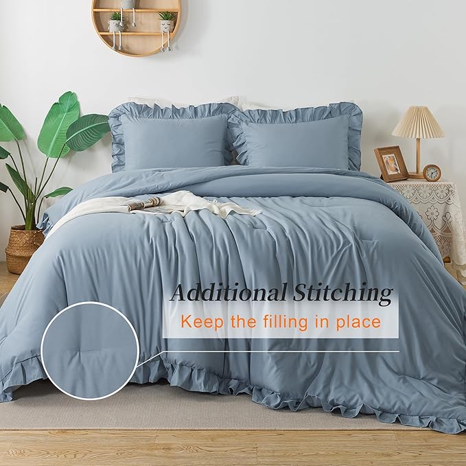Andency California King Comforter Sets Grayish Blue (104x96Inch), 3 Pieces Cal King Ruffle Comforter, Oversized Farmhouse Shabby Chic Bed Comforter, Lightweight and Soft Microfiber Bedding Set - LeafyLoom