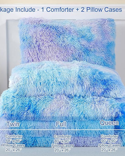 WINLIFE Shaggy Bedding Comforter Set Faux Fur Flannel Furry Comforter Microfiber Plush Comforter Sets Pastel Gradient Ombre Tie Dye MultiColor Bedding for Girls Adults (3Pcs, Queen, Purple Blue) - LeafyLoom