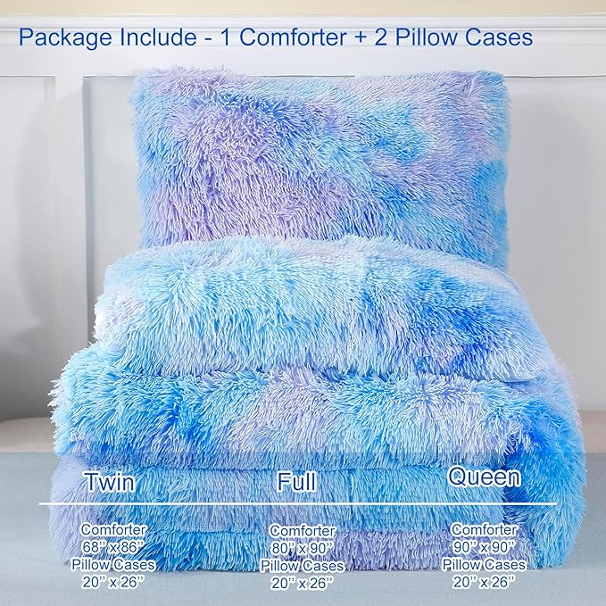 WINLIFE Shaggy Bedding Comforter Set Faux Fur Flannel Furry Comforter Microfiber Plush Comforter Sets Pastel Gradient Ombre Tie Dye MultiColor Bedding for Girls Adults (3Pcs, Queen, Purple Blue) - LeafyLoom