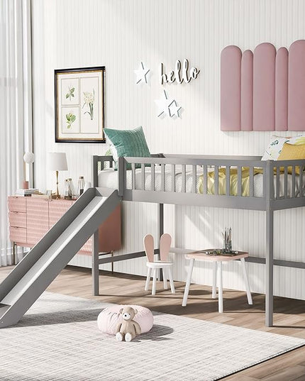 Merax Twin Wood Junior Low Loft Bed Frame with Slide Loft Bed with Full Length Guardrails for Kids Girls Boys,Gray - LeafyLoom