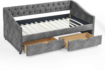 Twin Size Daybed with 2 Storage Drawers,Linen Upholstered Sofa Bed W/Button on Back & Copper Nail on Waved Shape Armrests,No Spring Box Need,Wood Bedframe for Living Room Bedroom Dorm,Grey - LeafyLoom