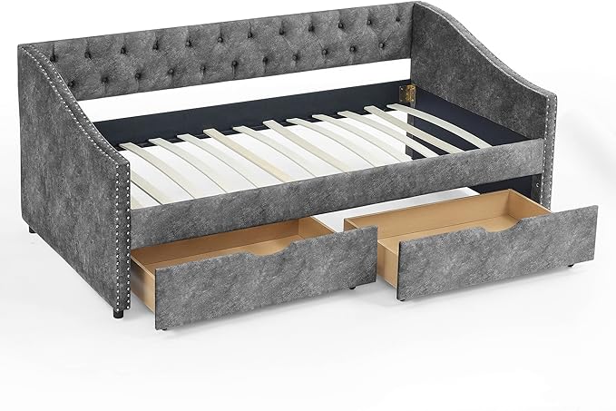 Twin Size Daybed with 2 Storage Drawers,Linen Upholstered Sofa Bed W/Button on Back & Copper Nail on Waved Shape Armrests,No Spring Box Need,Wood Bedframe for Living Room Bedroom Dorm,Grey - LeafyLoom