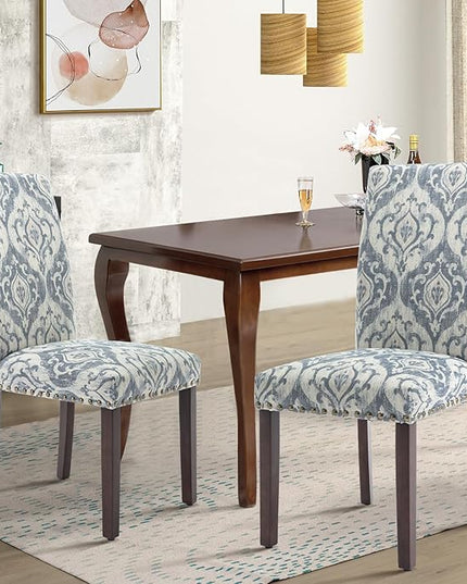 COLAMY Upholstered Parsons Dining Chairs Set of 2, Fabric Dining Room Kitchen Side Chair with Nailhead Trim and Wood Legs - Blue/White Flower - LeafyLoom