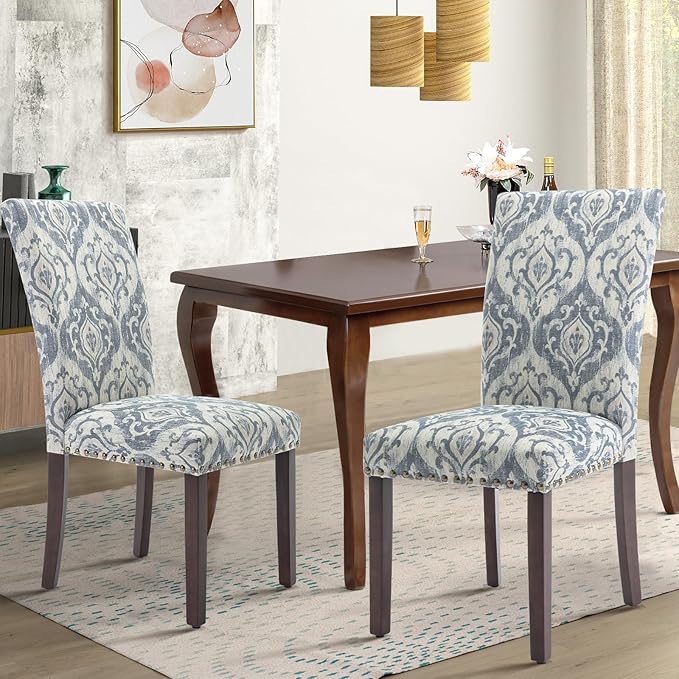 COLAMY Upholstered Parsons Dining Chairs Set of 2, Fabric Dining Room Kitchen Side Chair with Nailhead Trim and Wood Legs - Blue/White Flower - LeafyLoom