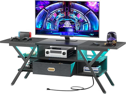 TV Stand for 55''/65'' TV - Carbon Fiber Black LED TV Stands with Power Outlets for Living Room, TV Entertainment Center with Storage, Gaming TV Stand with Drawers for Bedroom, Entertainment Stand - LeafyLoom