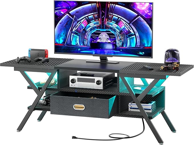 TV Stand for 55''/65'' TV - Carbon Fiber Black LED TV Stands with Power Outlets for Living Room, TV Entertainment Center with Storage, Gaming TV Stand with Drawers for Bedroom, Entertainment Stand - LeafyLoom