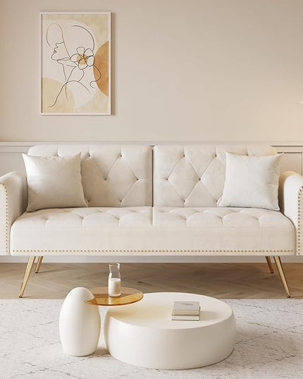 Button Tufted Upholstered Convertible Folding Sleeper Sofa Bed Futon Loveseat Couch Recliner Daybed with Adjustable and Nailhead Trim for Living Room, Bedroom, Beige 69.7" - LeafyLoom