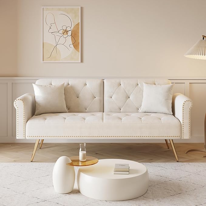 Button Tufted Upholstered Convertible Folding Sleeper Sofa Bed Futon Loveseat Couch Recliner Daybed with Adjustable and Nailhead Trim for Living Room, Bedroom, Beige 69.7" - LeafyLoom