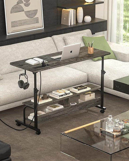 Height Adjustable Standing Desk with Power Outlets, 47" Manual Stand Up Desk with Storage Shelves Small Mobile Rolling Computer Desk Portable Laptop Table with Wheels for Home Office, Grey Oak - LeafyLoom