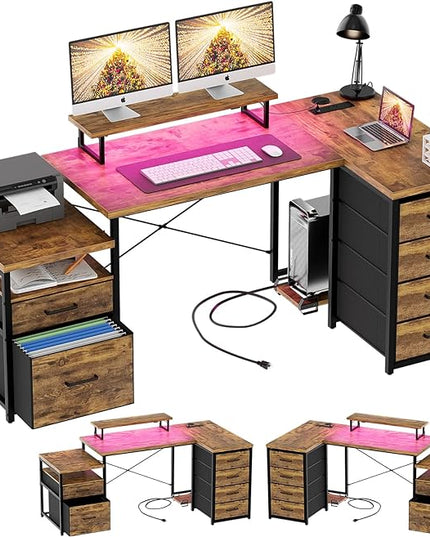 Unikito Reversible L Shaped Computer Desk with Fabric File Drawers, 70.8" Large Office Desk with RGB LED Lights & Power Outlets & Monitor Stand & CPU Stand, Sturdy Corner Gaming Desk, Rustic Brown - LeafyLoom
