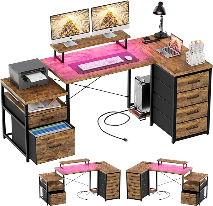 Unikito Reversible L Shaped Computer Desk with Fabric File Drawers, 70.8" Large Office Desk with RGB LED Lights & Power Outlets & Monitor Stand & CPU Stand, Sturdy Corner Gaming Desk, Rustic Brown - LeafyLoom