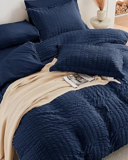 HYMOKEGE Seersucker Comforter Set Full Size 3 Pieces, Lightweight Comforter Sets for Bedding, Bed Set with 1 All Season Soft Down Alternative Comforter and 2 Pillow Shams, Navy Blue - LeafyLoom