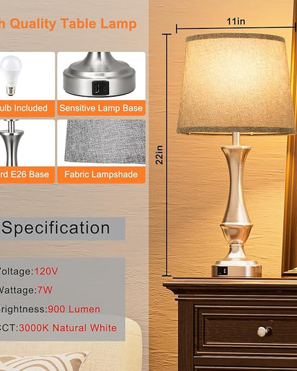 Touch Lamps for Bedrooms Set of 2 - Nightstand Table Lamp with USB C+A, 3 Way Dimmable Bedside Lamps for Living Room End Tables Set of 2, Farmhouse Night Stand Lamps(Grey&Nickel) - LeafyLoom