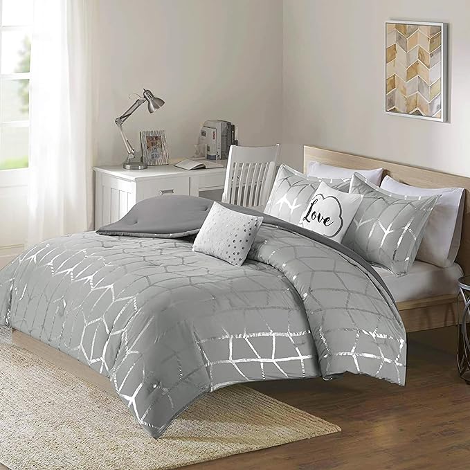 Intelligent Design Raina King / Cal King Comforter Set, Soft Microfiber Comforter Set King, Modern Geometric Metallic Bed Set, 5 Pieces College Bedding Comforter Set with 2 Shams, 2 Toss Pillows Grey - LeafyLoom