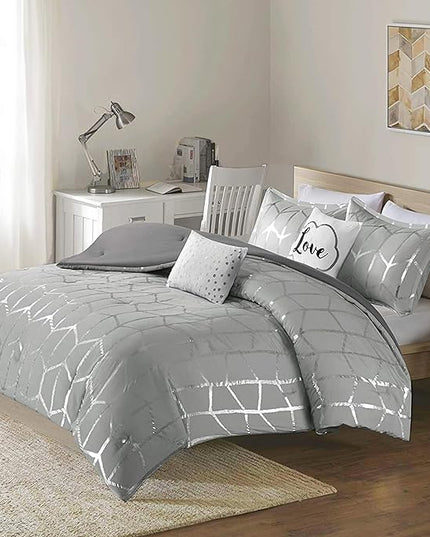 Intelligent Design Raina Full / Queen Comforter Set, Soft Microfiber Comforter Set Queen, Modern Geometric Metallic Bed Set, 5 Pieces College Bedding Comforter Set with 2 Shams, 2 Toss Pillows Grey - LeafyLoom