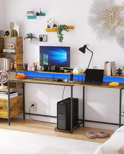 Rustic Brown L Shaped Desk with File Drawers, Computer Desk with Power Outlet and Monitor Shelf, Home Office Desk with Storage Shelves, Gaming Desk with Led Lights - LeafyLoom