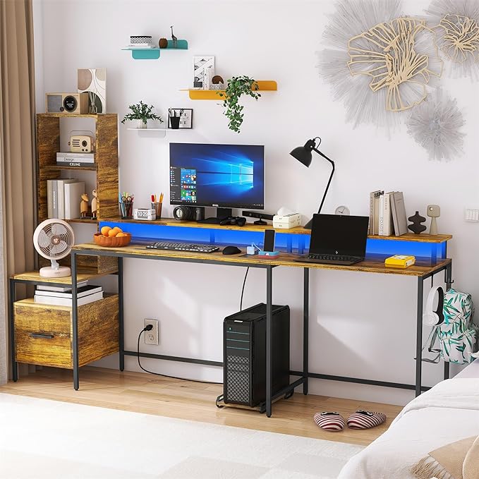 Rustic Brown L Shaped Desk with File Drawers, Computer Desk with Power Outlet and Monitor Shelf, Home Office Desk with Storage Shelves, Gaming Desk with Led Lights - LeafyLoom