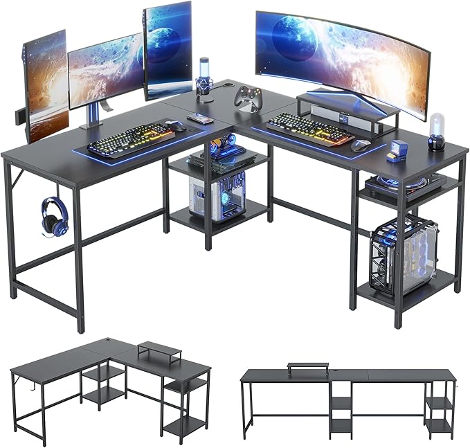 CubiCubi L Shaped Desk, 59.1 inch Reversible Corner Desk with Storage Shelves, Home Office Desk with Monitor Stand, Black - LeafyLoom