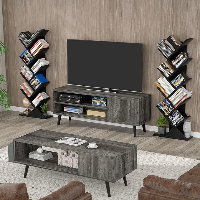Topfurny Tree Bookshelf, 9-Tier Shelf Rustic Brown Bookcase, Retro Wood Storage Rack for CDs/Movies/Books, Anti-Fall Utility Organizer Shelves for Living Room, Bedroom, Home Office, Black - LeafyLoom