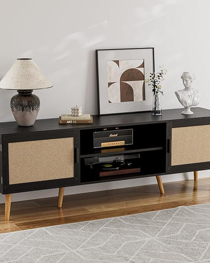 TV Stand for TVs up to 65'', Entertainment Center with Rattan Door, Shelves & 2 Cabinets, Boho Media TV Console for Living Room, Bedroom, Black - LeafyLoom