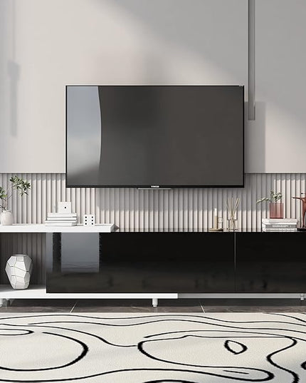 85 Inch TV Stand, Modern,Stylish Television Stands with Storage Shelf, 3 Drawers and Adjustable Feet, High Gloss Entertainment Center for Living Room, Black - LeafyLoom