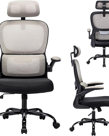 Office Chair, Ergonomic Office Chair Desk Chair with Headrest, High Back Mesh Computer Chairs for Home Office with Adjustable Back Support, 350lbs Comfortable Gray Office Chair, Tilt Lock - LeafyLoom