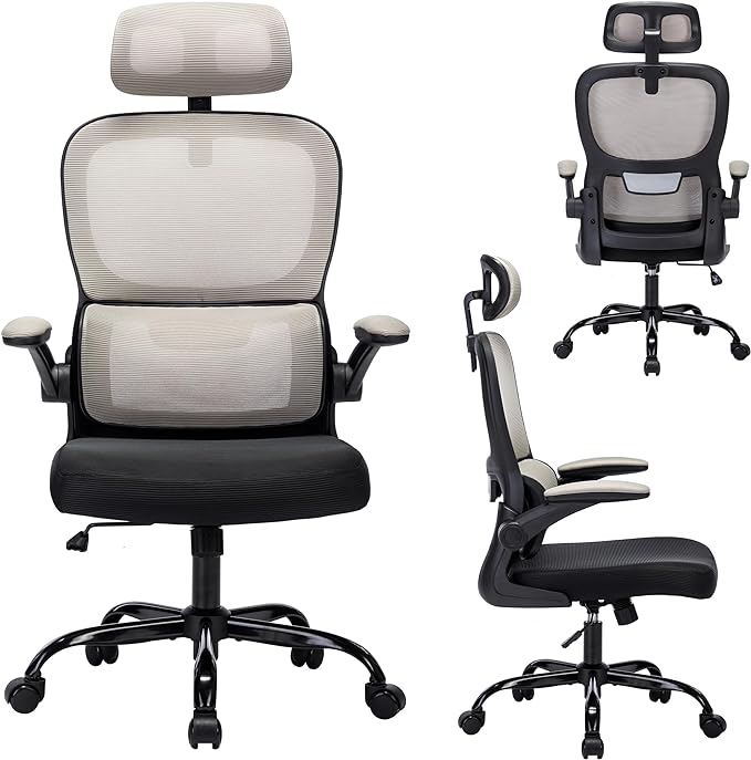Office Chair, Ergonomic Office Chair Desk Chair with Headrest, High Back Mesh Computer Chairs for Home Office with Adjustable Back Support, 350lbs Comfortable Gray Office Chair, Tilt Lock - LeafyLoom