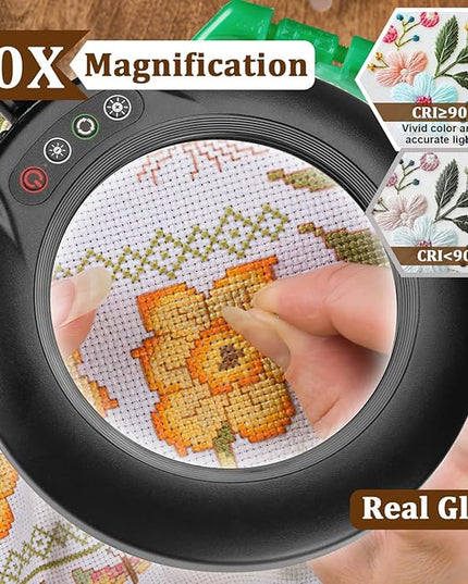 VEEMAGNI 10X Magnifying Glass with Light and Clamp, 23" Gooseneck 5 Color Modes Stepless Dimmable LED Desk Lamp, Real Glass Table Lighted Magnifier Hands Free for Craft Painting Sewing Close Work - LeafyLoom