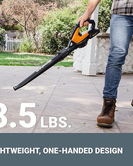 Worx 20V Cordless Leaf Blower WG545.1, Up to 120 MPH Air Speed, Long Nozzle Design for Narrow Spaces, Ideal for Indoor and Outdoor Cleaning, 9x Cleaning Attachments, Battery and Charger Included - LeafyLoom
