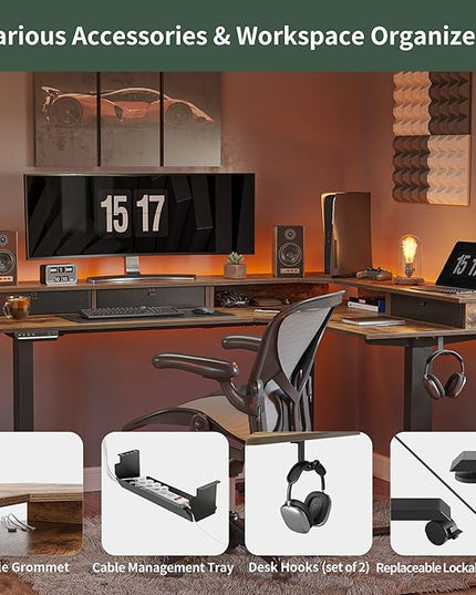 FEZIBO Triple Motor 63" L Shaped Standing Desk with 3 Drawers, Electric Standing Desk Adjustable Height, Corner Stand up Desk with Splice Board - Rustic Brown - LeafyLoom
