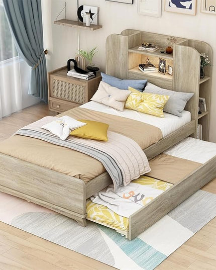 Merax Twin Bed Frame with Trundle and Bookcase Headboard,Kids Wood Platform Bed with Pull Out Bed and Light Strip in Headboard - LeafyLoom
