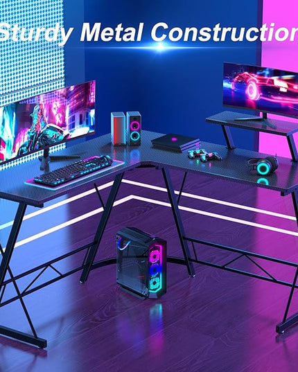 Mr IRONSTONE L Shaped Gaming Desk, Computer Corner Desk Carbon Fiber Surface for Home Office, Writing Study Desk with Laptop Stand, Easy to Assemble, Carbon Fiber, 51 Inch - LeafyLoom