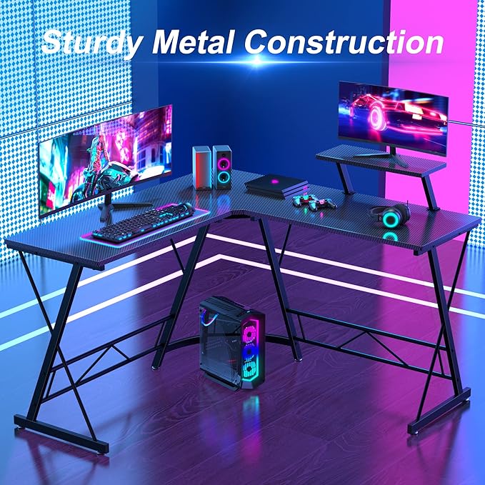 Mr IRONSTONE L Shaped Gaming Desk, Computer Corner Desk Carbon Fiber Surface for Home Office, Writing Study Desk with Laptop Stand, Easy to Assemble, Carbon Fiber, 51 Inch - LeafyLoom