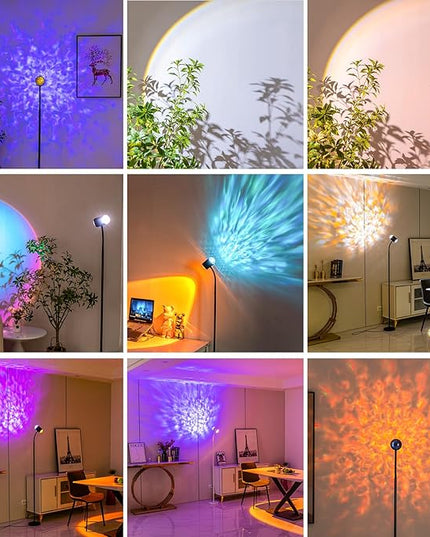 Sunset Lamp Projector with 3D Ocean Wave, 12 Colors Changing & Four Mode with USB Port, RGB Floor Lamp Double Side Lighting with Remote,Creative DIY Mode, 360° Rotation Atmosphere Lamp for Bedroom - LeafyLoom