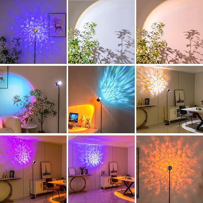 Sunset Lamp Projector with 3D Ocean Wave, 12 Colors Changing & Four Mode with USB Port, RGB Floor Lamp Double Side Lighting with Remote,Creative DIY Mode, 360° Rotation Atmosphere Lamp for Bedroom - LeafyLoom