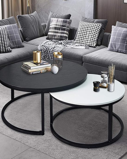 Usinso Round Coffee Tables,2 Round Nesting Table Set Circle Coffee Table with Storage Open Shelf for Living Room Modern Minimalist Style Furniture Side End Table of Stable(Black & White) - LeafyLoom