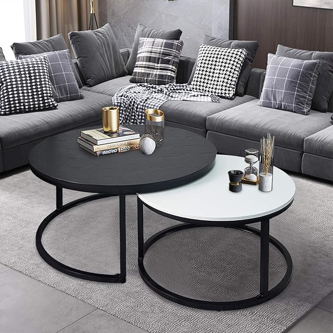 Usinso Round Coffee Tables,2 Round Nesting Table Set Circle Coffee Table with Storage Open Shelf for Living Room Modern Minimalist Style Furniture Side End Table of Stable(Black & White) - LeafyLoom