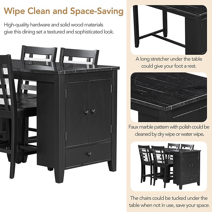 NicBex Dining Room Table Set for 4 Kitchen Table and Chairs Counter Height 5-Piece Dining Table Set with Faux Marble Tabletop, Solid Wood Table Set with Storage Cabinet and Drawer, Black - LeafyLoom