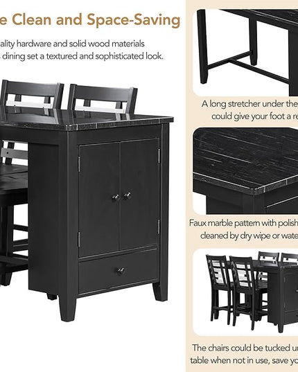 Rustic Style Counter Height Faux Marble Tabletop, Solid Wood Storage Cabinet and Drawer, Room, Kitchen, Black, 5 Piece Dining Table Set - LeafyLoom