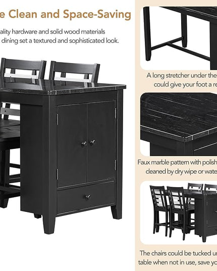 5-Piece Counter Height Wood Dining Table Set with Faux Marble Tabletop, Storage Cabinet and Drawer & 4 Matching Chairs, Black - LeafyLoom