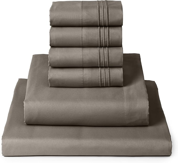 Mellanni King Sheets Set - 6 PC Iconic Collection Bedding Sheets & Pillowcases - Hotel Luxury, Ultra Soft, Cooling Bed Sheets - Deep Pocket up to 16 inch - 6 PC (King, Dark Taupe w/Extra Pillow Cases) - LeafyLoom