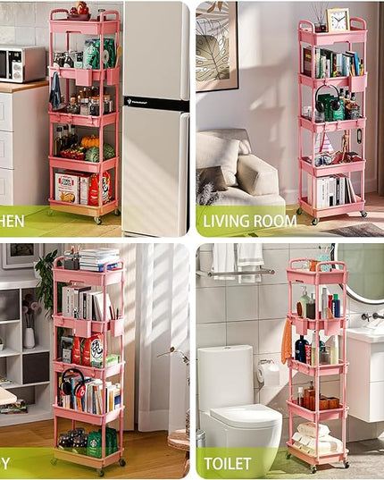 5 Tier Small Rolling Cart Organizer,Bathroom Cart Organizers with Wheels Laundry Room Organization Mobile Shelving Unit Utility Cart Storage Shelves Multi-Functional for Office, Home(Pink) - LeafyLoom