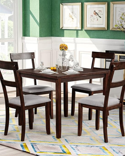 Industrial Wooden 4 Chairs, with High-Density Foam Burlap Upholstered Cushions, Living Room, and Kitchen, Easy to Assemble, 5 Piece Dining Table Set, Espresso 17 - LeafyLoom