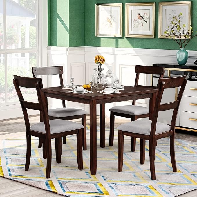 Industrial Wooden 4 Chairs, with High-Density Foam Burlap Upholstered Cushions, Living Room, and Kitchen, Easy to Assemble, 5 Piece Dining Table Set, Espresso 17 - LeafyLoom