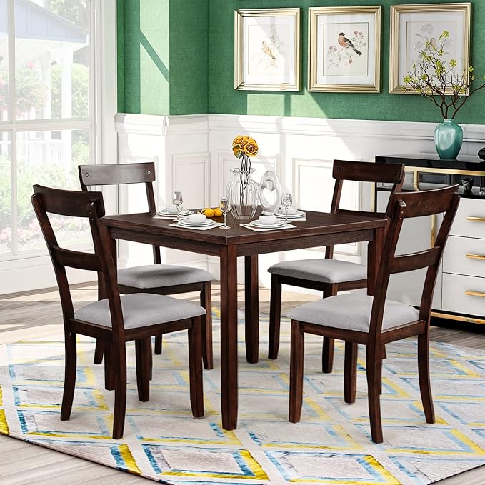 NicBex Small Dining Table Set for 4 Breakfast Nook Table Set 5 Piece Dining Table Set Industrial Wooden Kitchen Table and 4 Chairs for Dining Room, Living Room, Espresso - LeafyLoom