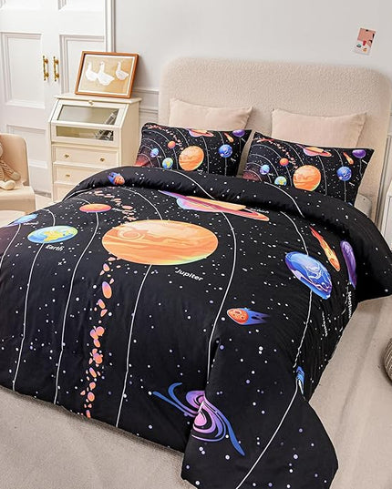 Solar System Comforter Set King Outer Space Room Decor Bedding Set 3 Pieces 1 Planets Theme Comforter and 2 Pillow Shams for Boys Kids Ultra-Soft Microfiber All Seasons for Bedroom Sofa - LeafyLoom