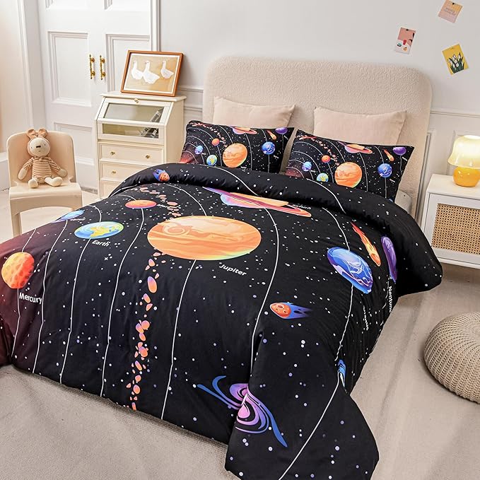 Solar System Comforter Set King Outer Space Room Decor Bedding Set 3 Pieces 1 Planets Theme Comforter and 2 Pillow Shams for Boys Kids Ultra-Soft Microfiber All Seasons for Bedroom Sofa - LeafyLoom