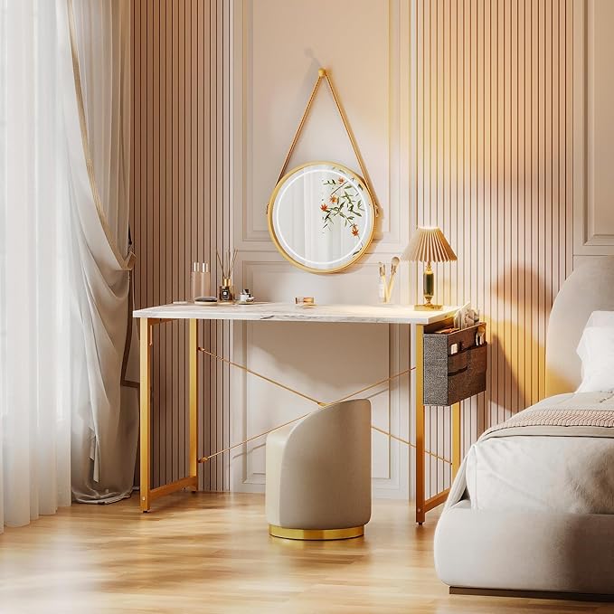 ODK Computer Desk, 40 Inch Small Study Desk, Office Desk with Storage, Work Table with Headphone Hook for Small Space Home Office, White Marble + Gold Leg - LeafyLoom