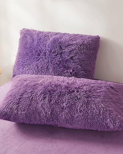 FOPPA Dark Purple Faux Fur Comforter Cover Set Ultra Soft Plush Bedding Sets 3 Pieces (1 Faux Fur Duvet Cover + 2 Faux Fur Pillow case) Zipper Closure (Queen, Dark Purple) - LeafyLoom